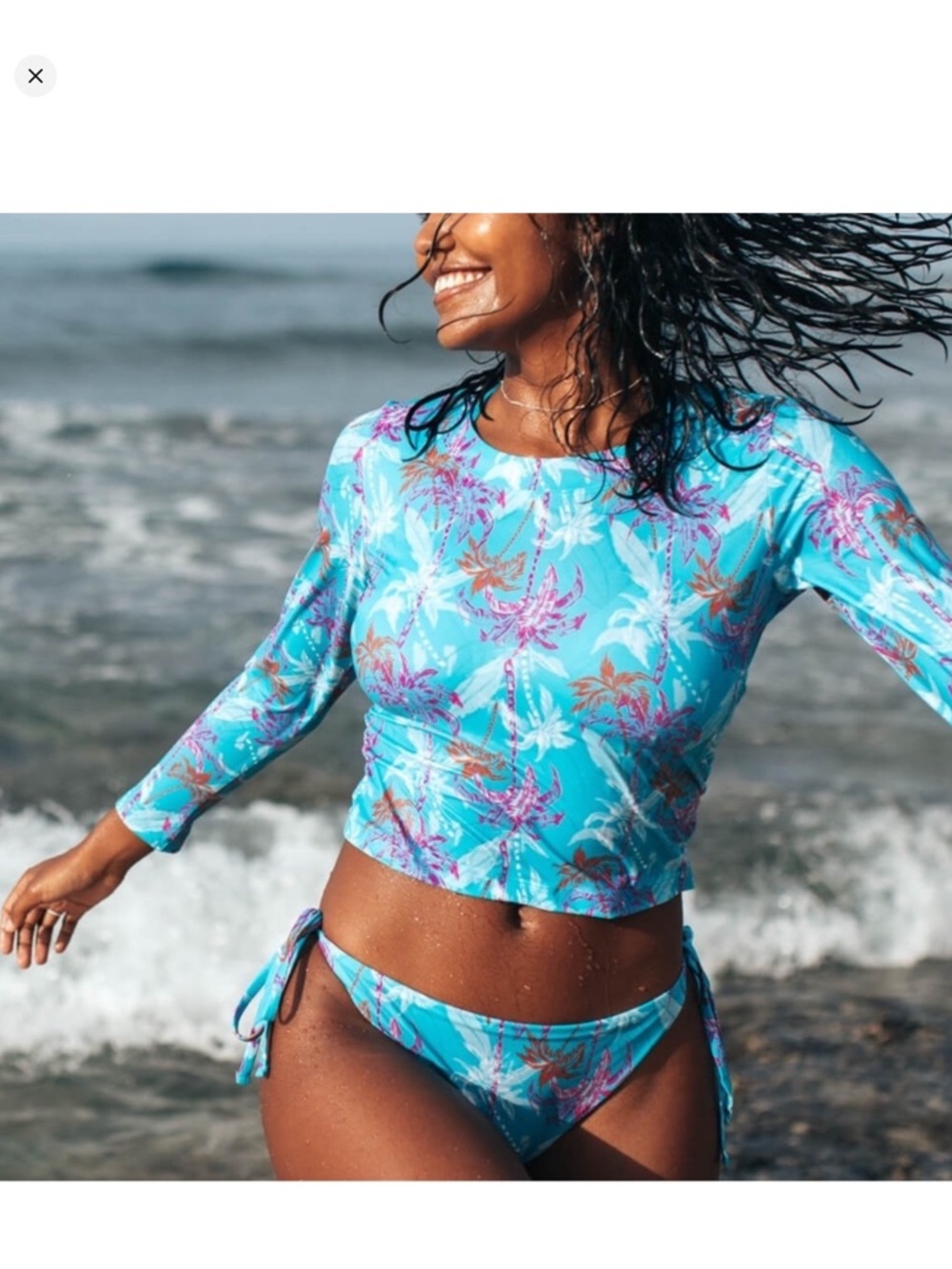 Jolyn x Curvy Surfer Girl “Freya” cropped rash guard with tropical tree print 1X